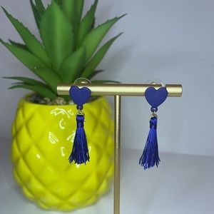 NEW blue heart tassel post back earrings
